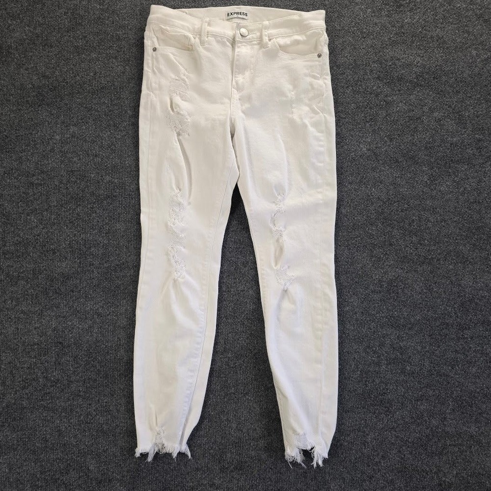 Express Ankle Legging Jeans Womens 6 White Distressed Frayed Hem Mid Rise